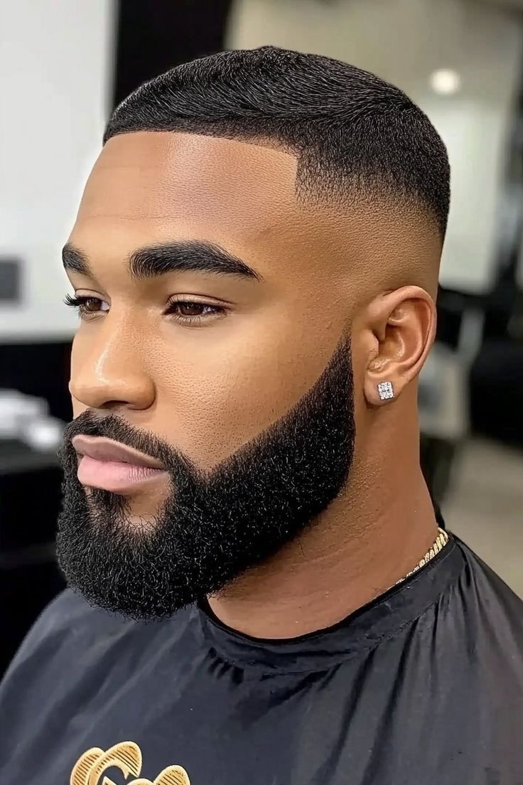 Fade bas dégradé avec barbe sculptée et lineup précis