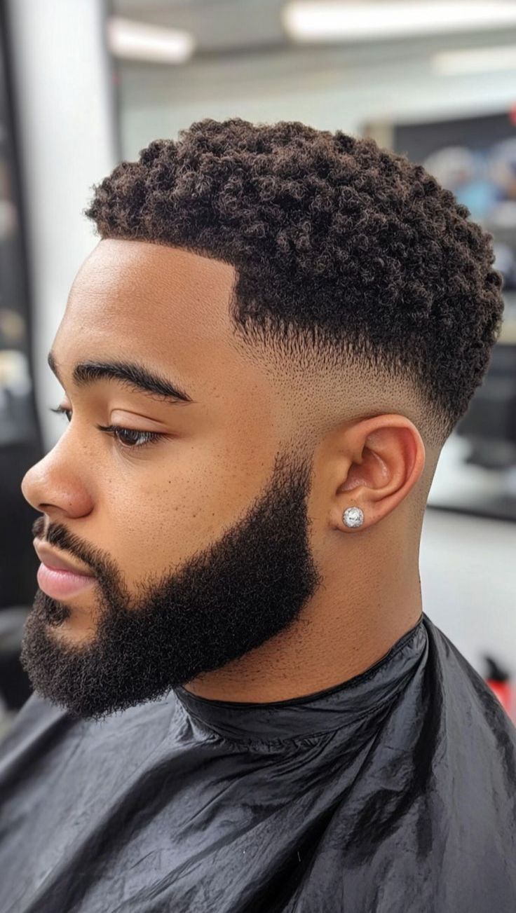 Taper fade afro avec barbe pleine